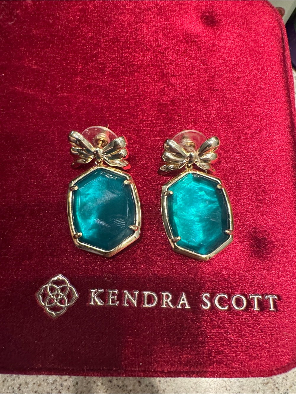 Kendra Scott Gold Bow Teal Stone Drop Earrings